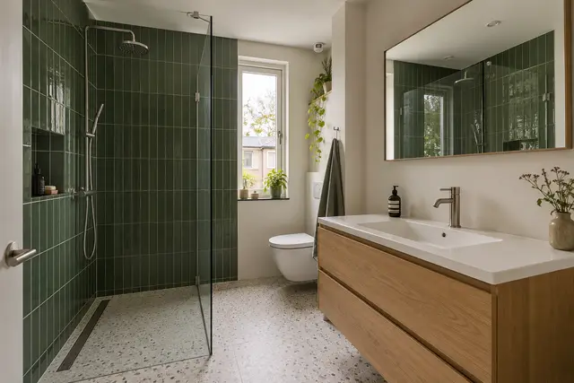 Gerenoveerde badkamer met groene wandtegels, inloopdouche en houten wastafelmeubel