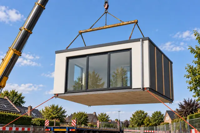 Prefab dakkapel in wit met zwarte kozijnen hangt aan de kraan boven de woning