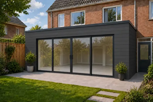 aanbouw met antraciet gevelbekleding en een schuifpui over de volle breedte