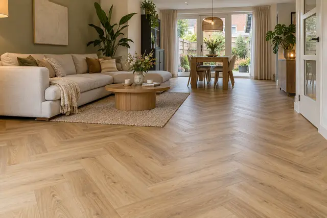 PVC-vloer in visgraatpatroon met eikendessin in een lichte woonkamer
